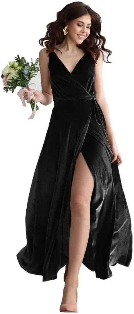 Velvet V Neck Bridesmaid Dress Long Women&