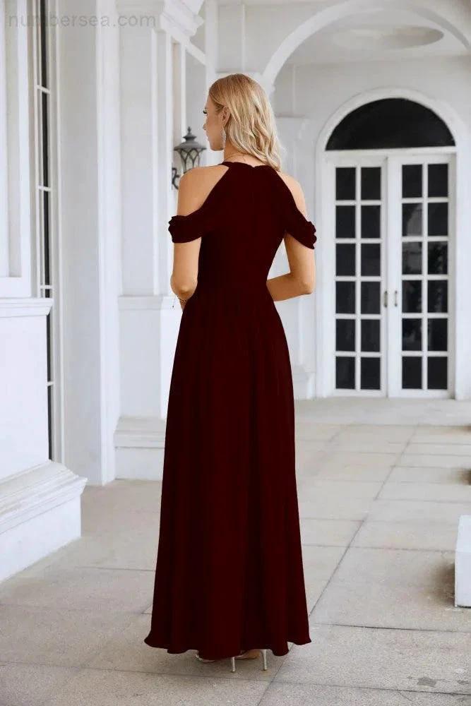 Ladies Chiffon Off Shoulder Swing Sleeve Front Slit Bridesmaid Evening Dress Wedding Party Evening Dress 28117 by numbersea