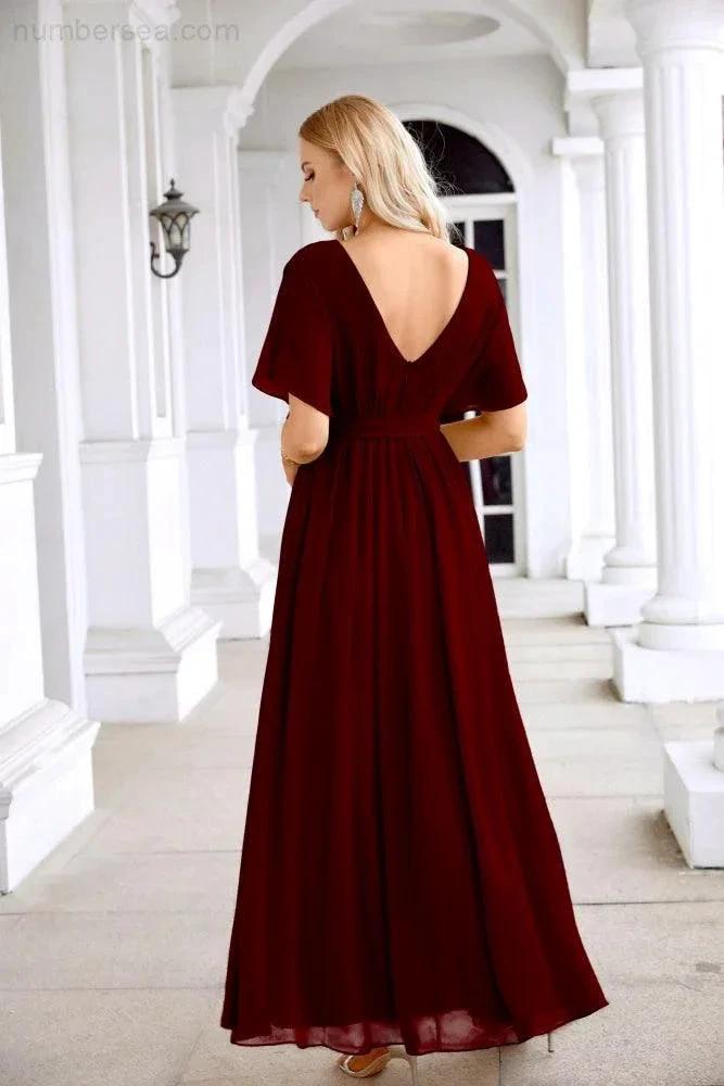 Ladies Chiffon Sleeve Crew Neck Front Slit Floor Length Bridesmaid Evening Dress Wedding Party Evening Dress 28124 by numbersea