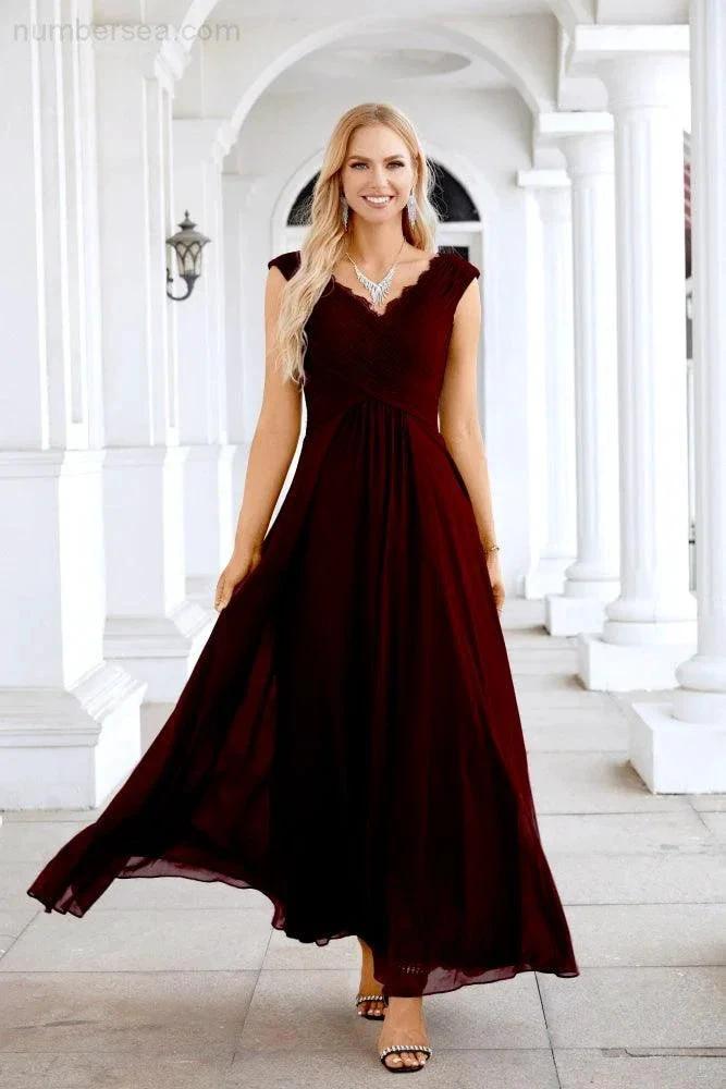 Ladies Chiffon V Neck Sleeveless Floor Length Bridesmaid Evening Dress Wedding Party Evening Dress 28126 by numbersea