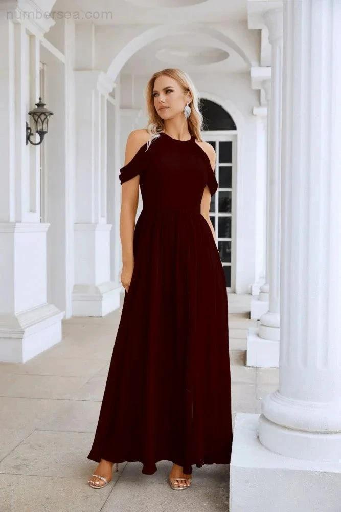 Ladies Chiffon Off Shoulder Swing Sleeve Front Slit Bridesmaid Evening Dress Wedding Party Evening Dress 28117 by numbersea