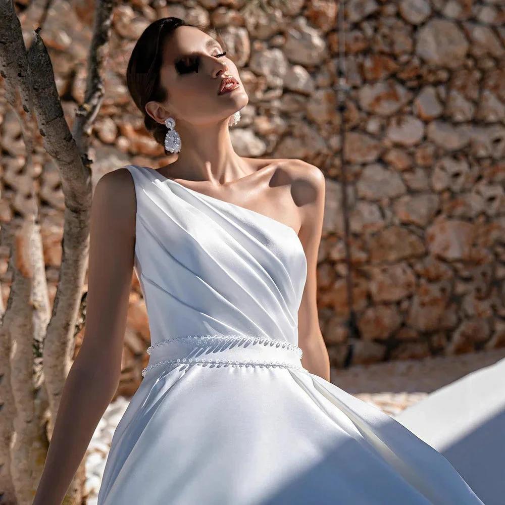 Elegant A-Line One Shoulder Stain Wedding Dress Beading Sleeveless Bridal Gowns For Women Custom Made Vestido De Novia by payinti