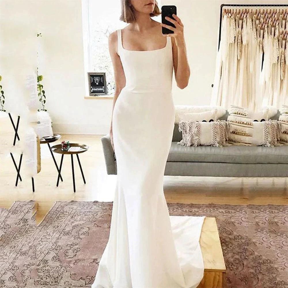 Spaghetti Strap Mermaid Wedding Dresses Women Square Neck Backless Simple Bridal Gowns Soft Stain Robe De Soirée Mariage by payinti