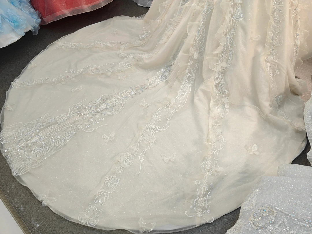Cream Shimmer Off-Shoulder Ballgown Crystal-Embroidered Skirt &amp; Fringed Collar by ZAPDRESS