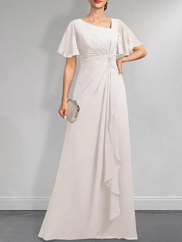 A-line Asymmetrical Floor-Length Chiffon Mother of the Bride Dress With Pleated Beading Sequins by Dreamylily