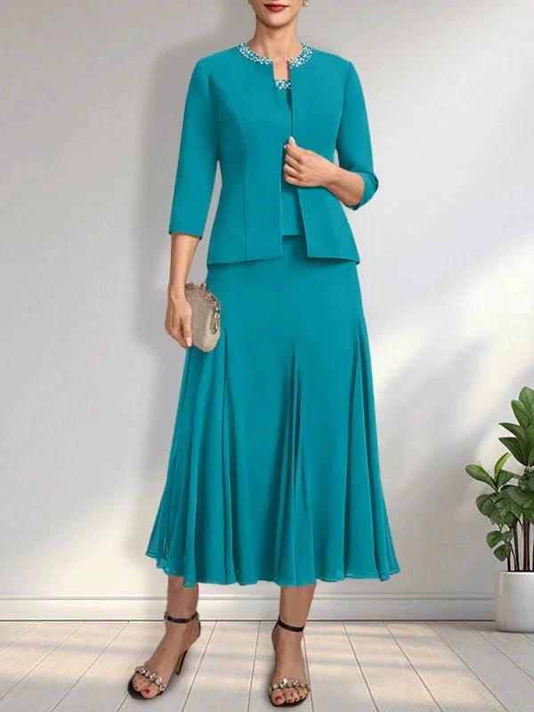 Separates A-line Scoop Tea-Length Chiffon Mother of the Bride Dress With Sequins Beading by Dreamylily