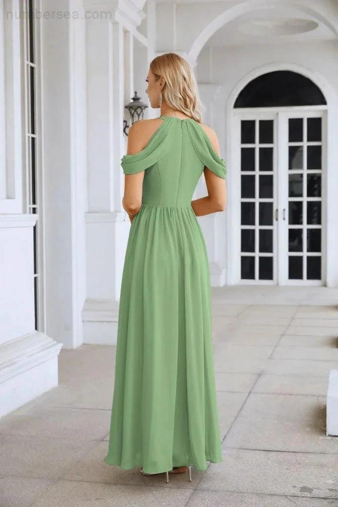 Ladies Chiffon Off Shoulder Swing Sleeve Front Slit Bridesmaid Evening Dress Wedding Party Evening Dress 28117 by numbersea