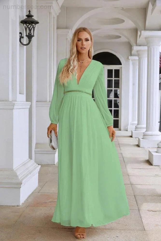 Ladies V Neck Chiffon Long Sleeve Front Slit Bridesmaid Evening Dress Wedding Party Shopping Evening Dress 28109 by numbersea