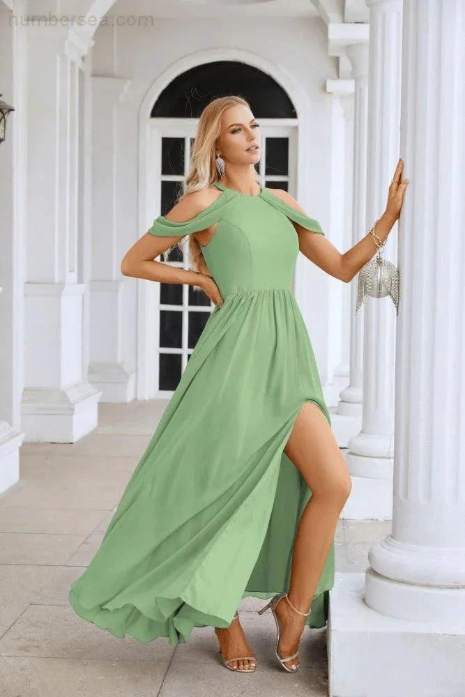 Ladies Chiffon Off Shoulder Swing Sleeve Front Slit Bridesmaid Evening Dress Wedding Party Evening Dress 28117 by numbersea