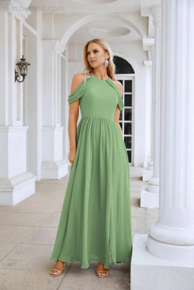 Ladies Chiffon Off Shoulder Swing Sleeve Front Slit Bridesmaid Evening Dress Wedding Party Evening Dress 28117 by numbersea