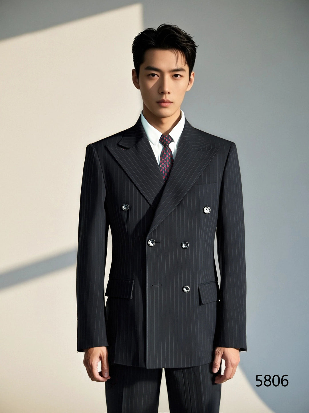Black Pinstripe Wool Double-Breasted 3-Piece Wedding Suit | Tailored Groom &amp; Groomsmen Attire by 男装