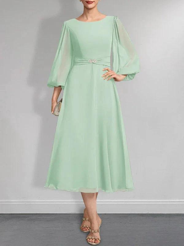 A-line Scoop Tea-Length Chiffon Mother of the Bride Dress With Crystal Brooch Pleated by Dreamylily