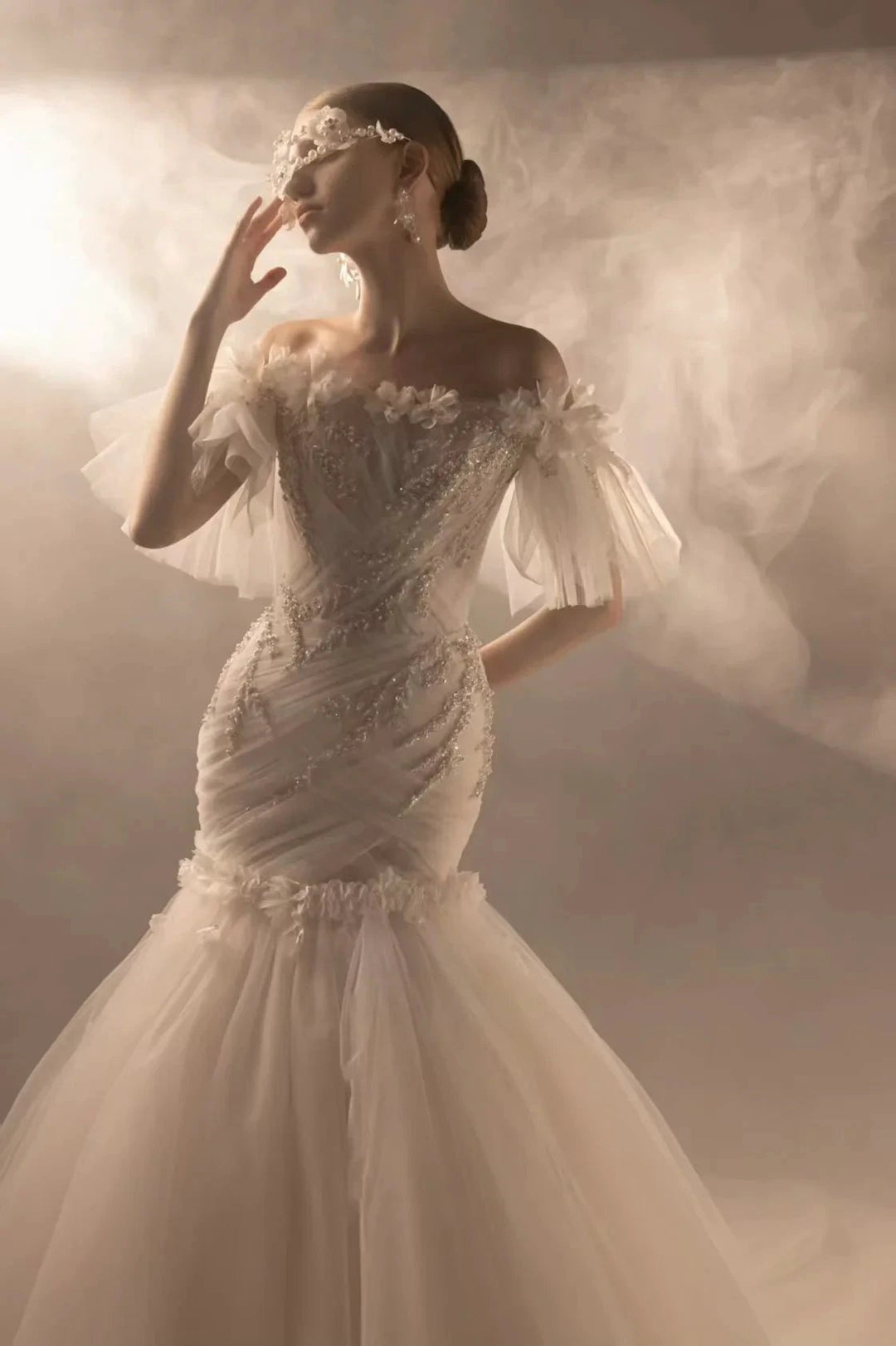 Ethereal Mermaid Off-the-Shoulder Tulle Wedding Dress with Beaded Embroidery &amp; 3D Floral Accents H011 by ZAPDRESS