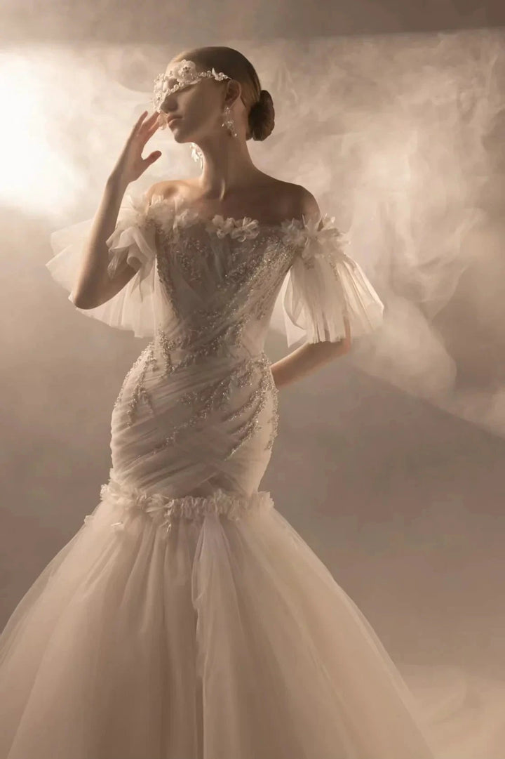 Ethereal Mermaid Off-the-Shoulder Tulle Wedding Dress with Beaded Embroidery &amp; 3D Floral Accents H011 by ZAPDRESS
