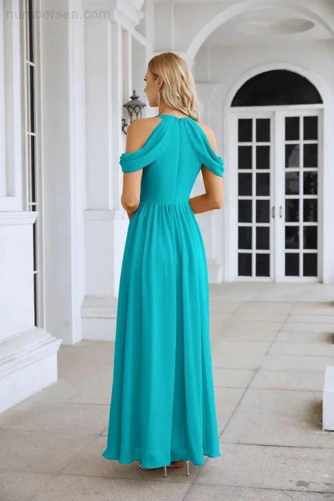 Ladies Chiffon Off Shoulder Swing Sleeve Front Slit Bridesmaid Evening Dress Wedding Party Evening Dress 28117 by numbersea