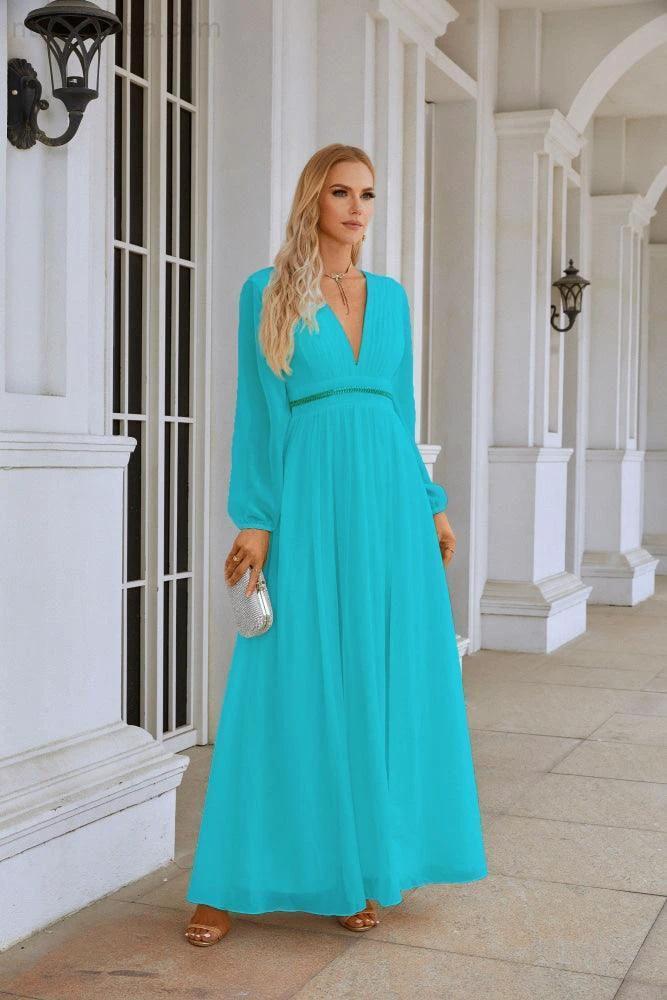 Ladies V Neck Chiffon Long Sleeve Front Slit Bridesmaid Evening Dress Wedding Party Shopping Evening Dress 28109 by numbersea