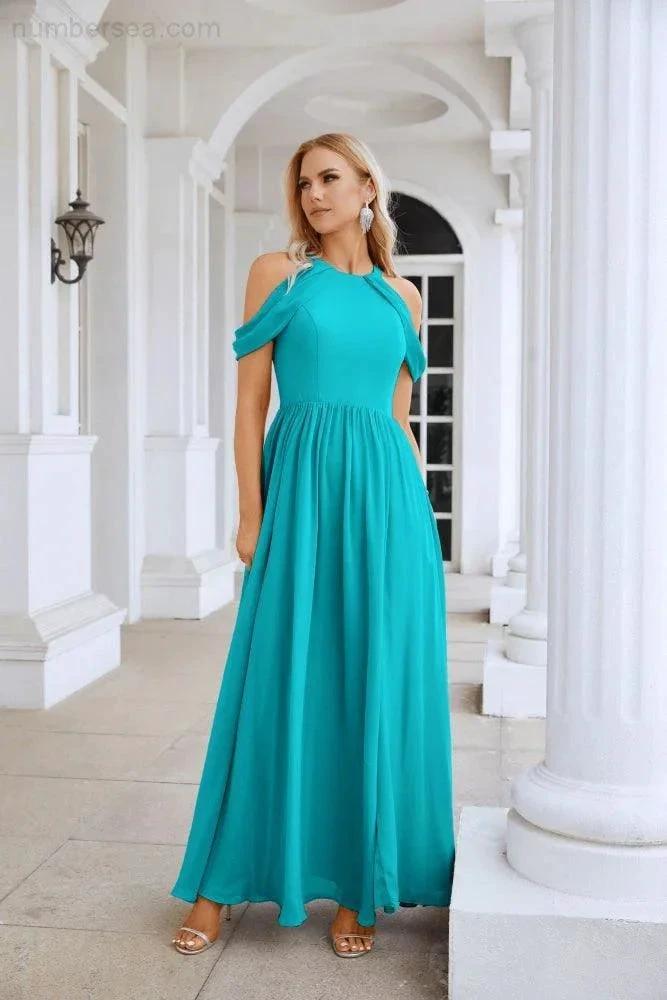Ladies Chiffon Off Shoulder Swing Sleeve Front Slit Bridesmaid Evening Dress Wedding Party Evening Dress 28117 by numbersea
