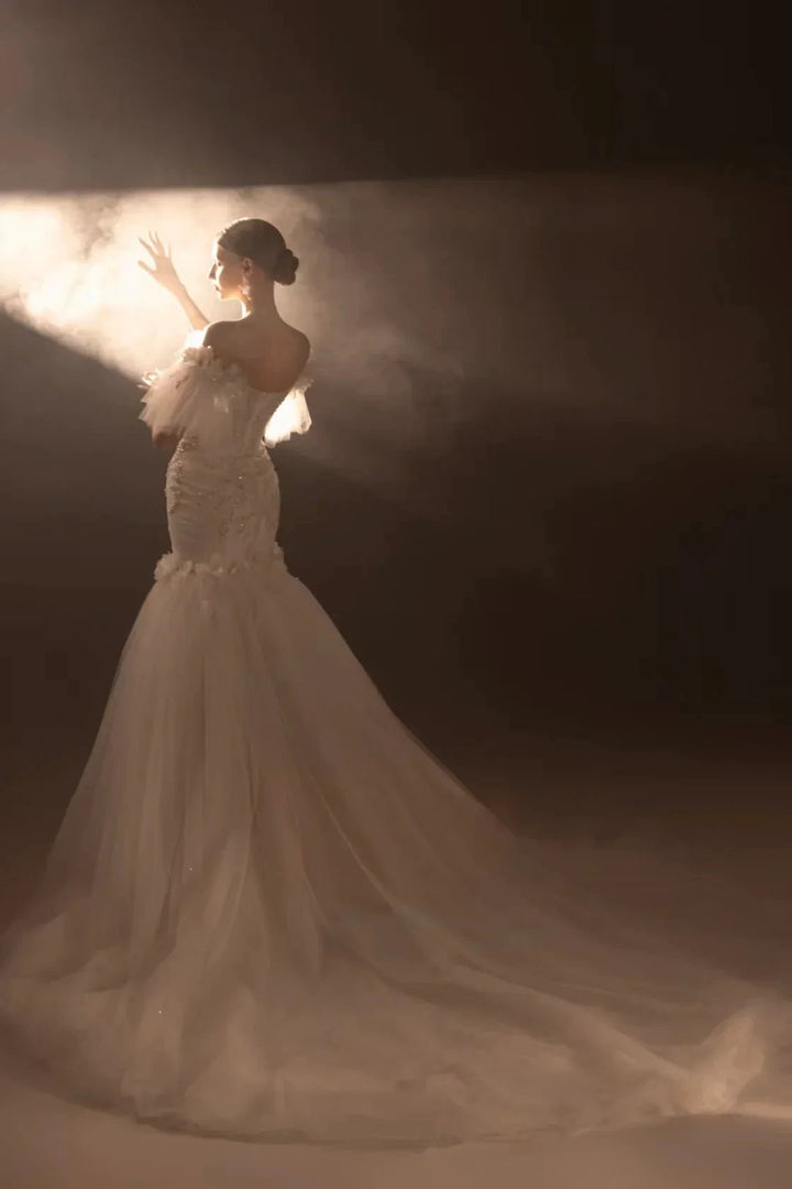 Ethereal Mermaid Off-the-Shoulder Tulle Wedding Dress with Beaded Embroidery &amp; 3D Floral Accents H011 by ZAPDRESS