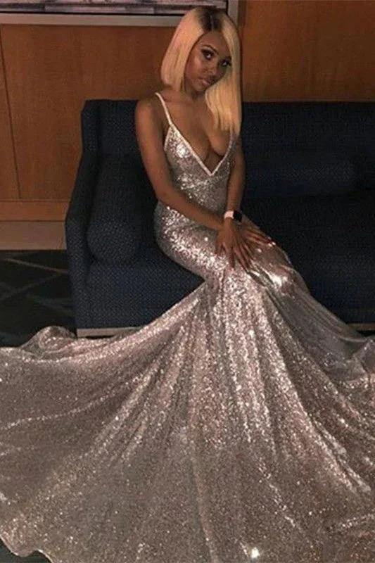 Long Mermaid V-Neck Sequins Backless Prom Dress by BIZTUNNEL