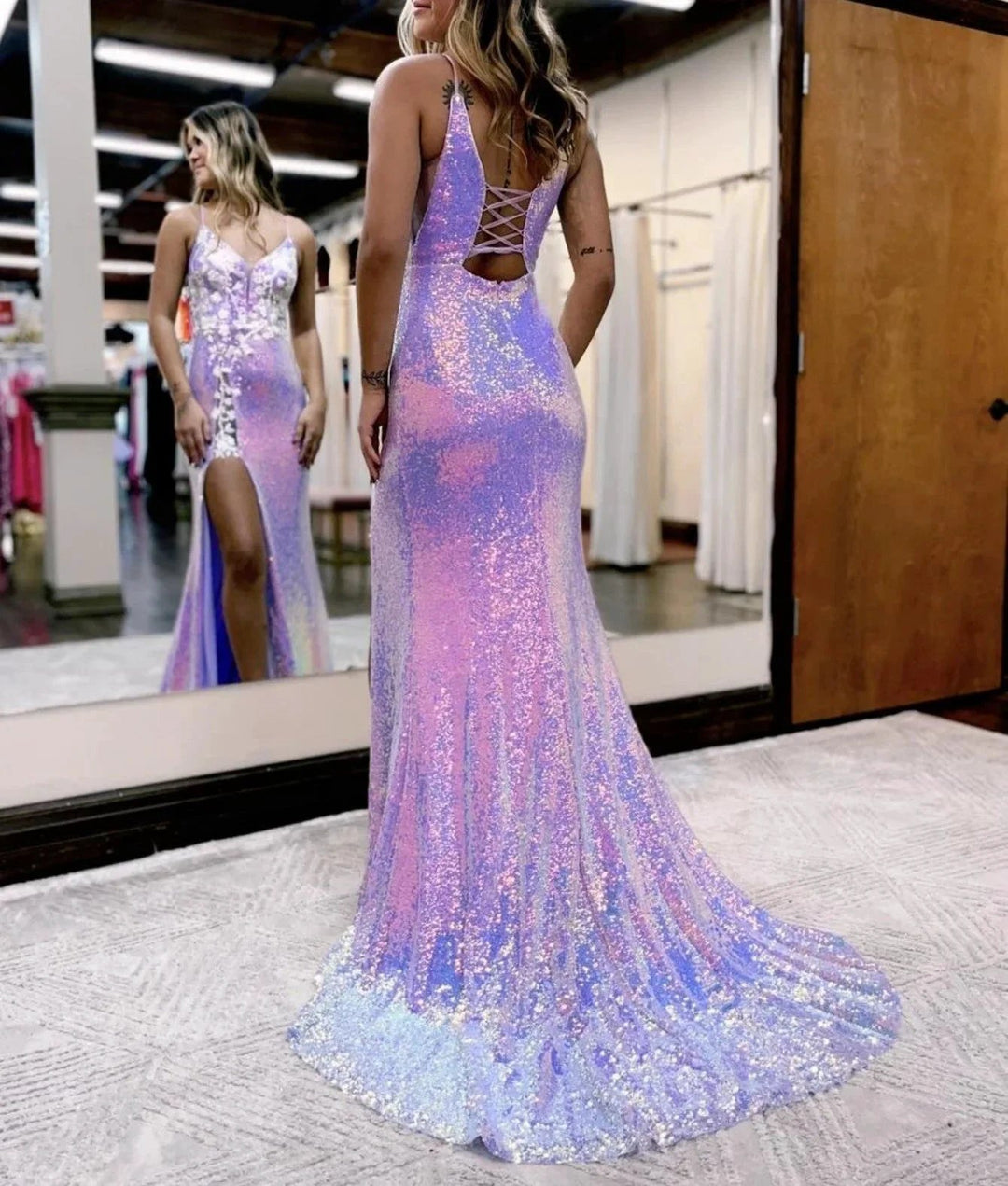 Mermaid Glitter Lavender Floral Long Prom Dress with Slit by KissProm