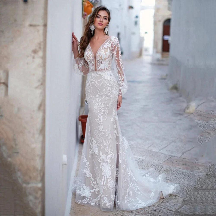 Luxury Backless Tulle Mermaid Wedding Dresses 2022 Long Sleeve Lace Appliques V-neck White Bridal Gown vestidos de novia by payinti