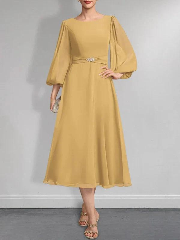 A-line Scoop Tea-Length Chiffon Mother of the Bride Dress With Crystal Brooch Pleated by Dreamylily