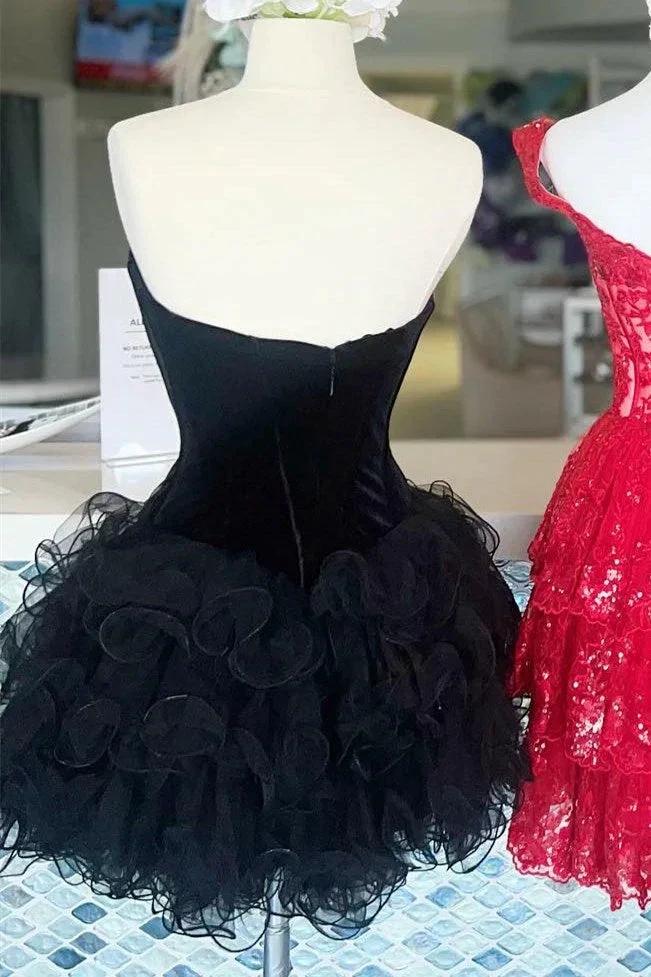 Black Velvet Strapless Ruffles Short Homecoming Dress by KissProm