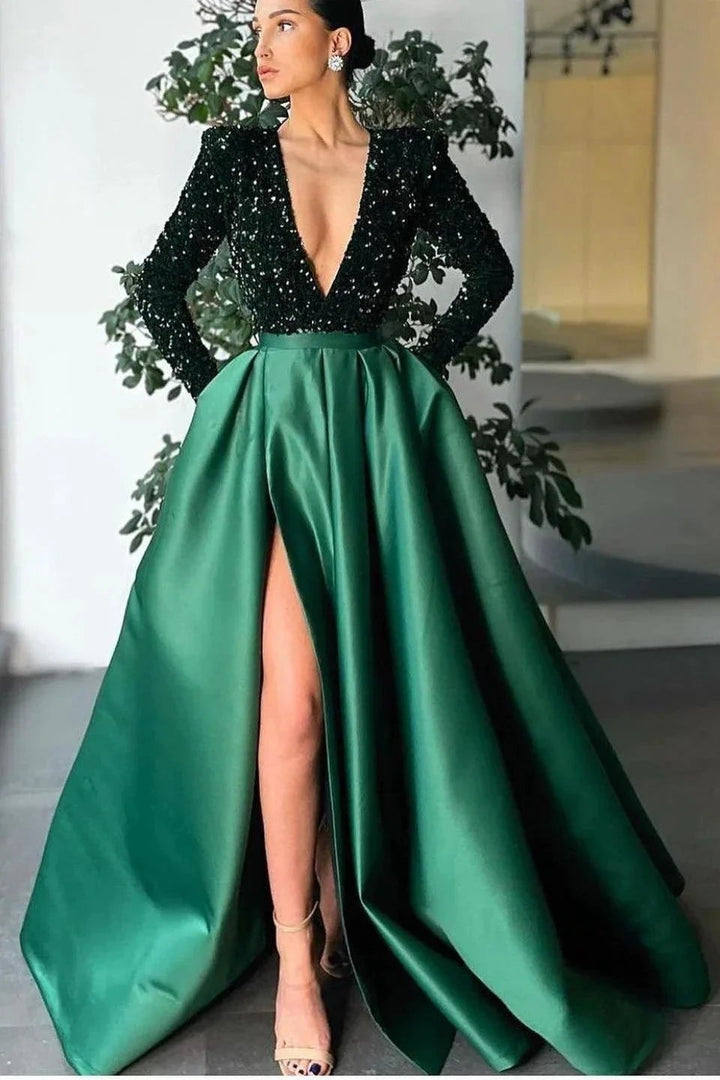 Long Sleeves Mermaid V-Neck Sequins Satin Prom Dress with Split by BIZTUNNEL