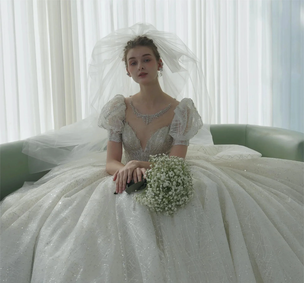 Glittering Ball Gown Deep V-Neck Tulle Wedding Dress with Beaded Embroidery & Puff Sleeves 6021-1 by ZAPDRESS
