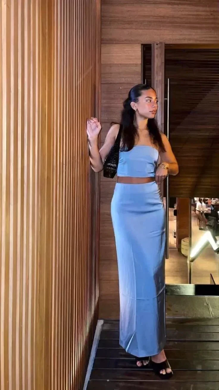 Woman in light blue two-piece dress set posing indoors, ZAPDRESS fashion style