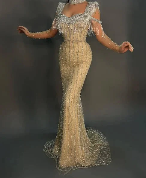 Gorgeous Yellow Tulle Sequins Beaded Mermaid Evening Dress Long Formal Prom Dress Y8538 by simplepromdress