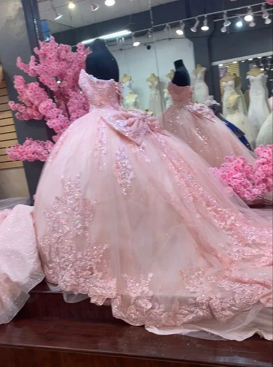 Glamorous Pink Tulle Lace Ball Gown,Pink Sweet 16 Dress Y7246 by simplepromdress