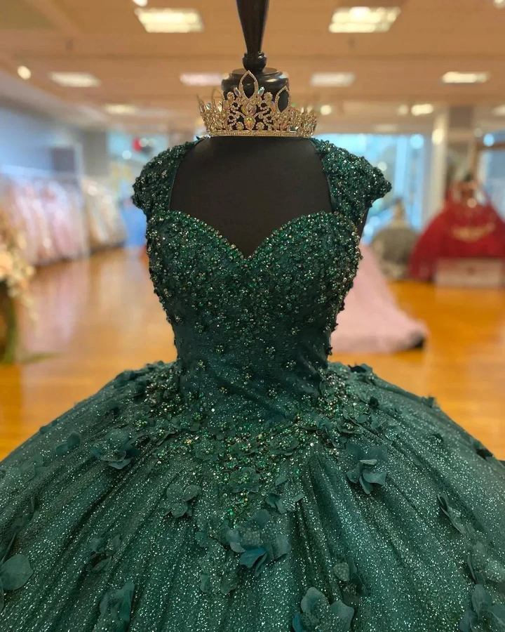 Green Princess Ball Gown Quinceanera Dresses Sweet 15 Party 3D Flowers Lace Applique Crystal Beads Sequin Birthday Gowns Y606 by simplepromdress