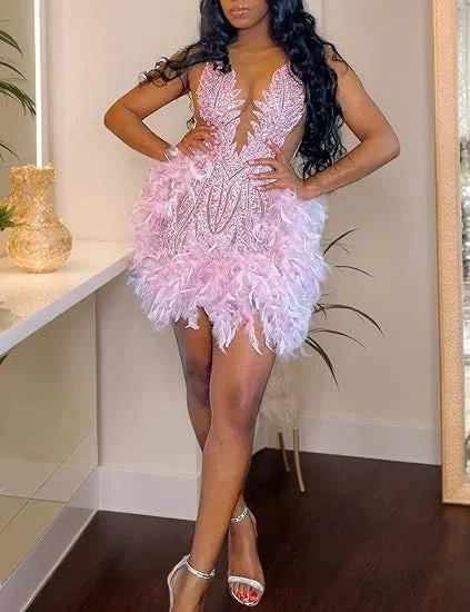Luxury Pink Feather Homecoming Dress Birthday Dress Wedding Party Dress Y2639 by simplepromdress