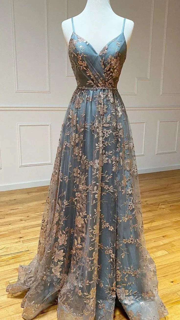 A-Line V Neck Tulle Sequin Long Prom Dress Backless Long Evening Dresses Y5620 by simplepromdress