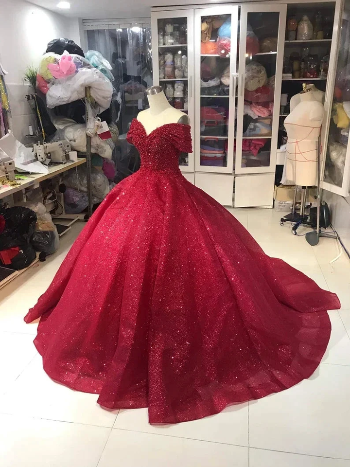 Luxurious Off Shoulder Red Glitter Beading Ball Gown Sweet 16 Dress Y1275 by simplepromdress