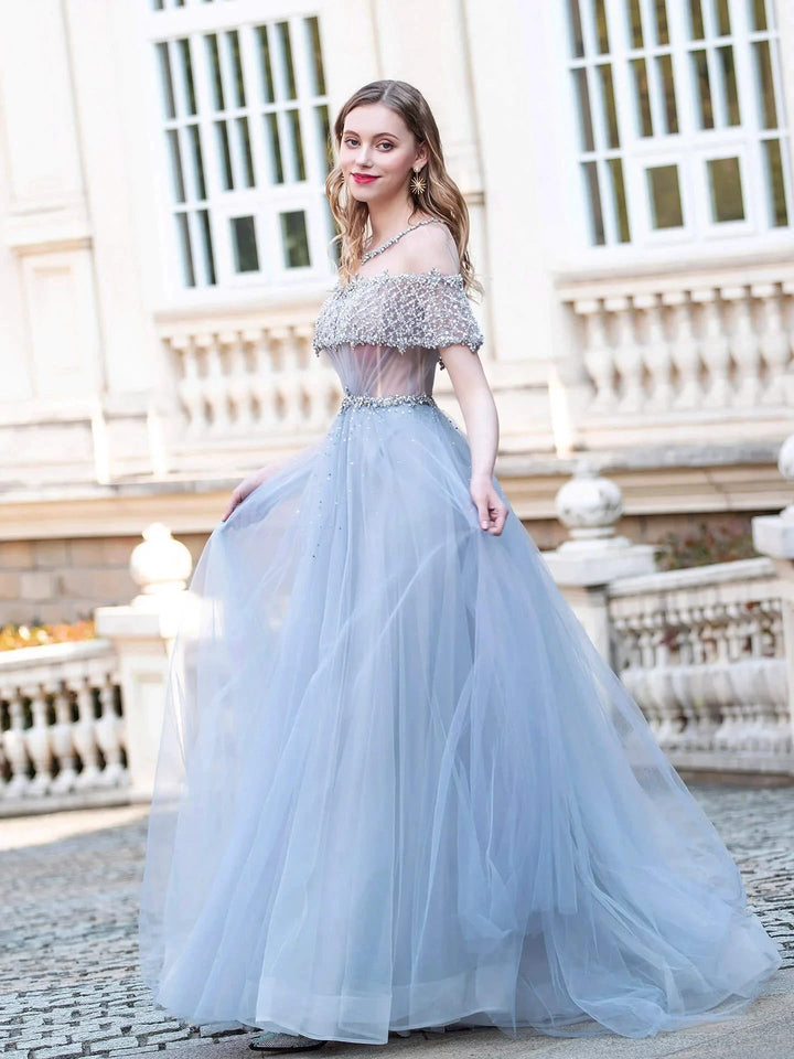 A-Line Tulle Beaded Luxurious Fashion Formal Evening Dresses Short Sleeves Floor Length Prom Dresses by dressblee