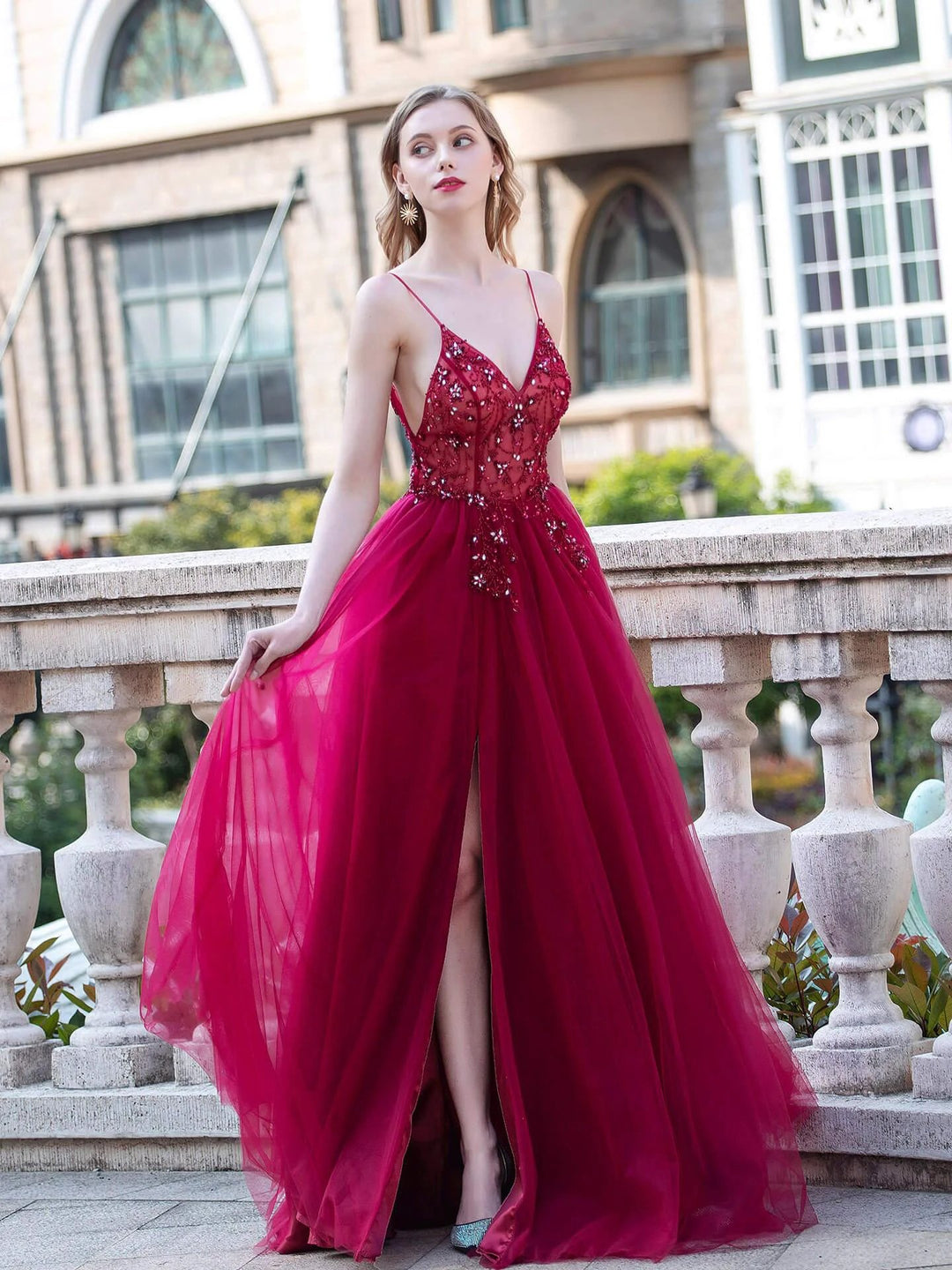 A-line Luxurious Sexy Formal Evening Dresses Spaghetti Strap Sleeveless With Slit Floor Length Prom Dresses by dressblee