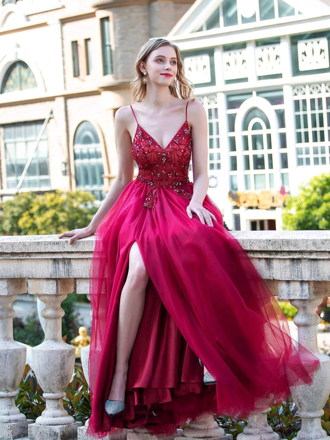 A-line Luxurious Sexy Formal Evening Dresses Spaghetti Strap Sleeveless With Slit Floor Length Prom Dresses by dressblee