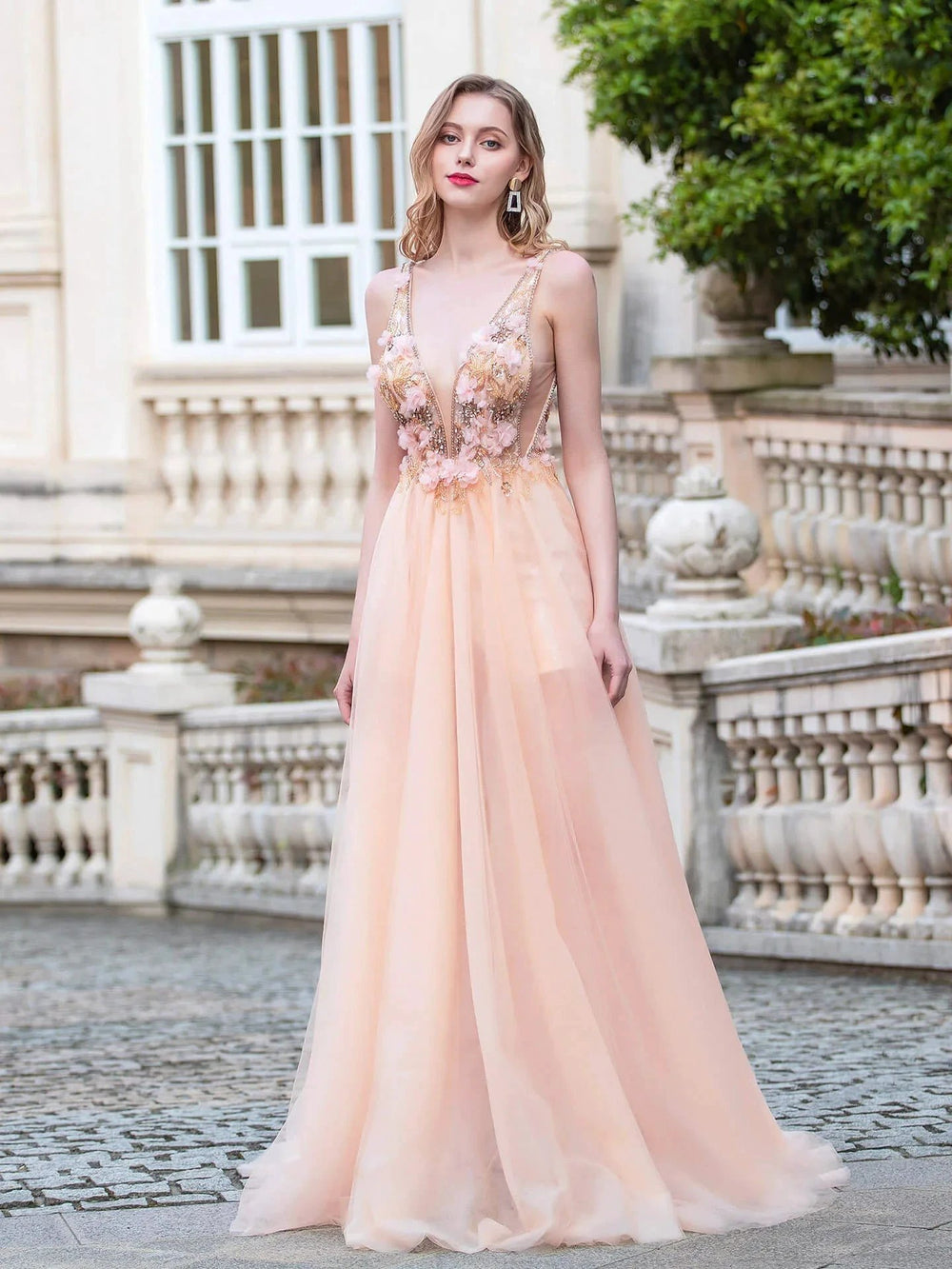 A-line Luxurious Fashion Sexy V-neck Formal Evening Dresses Sleeveless Floor Length Prom Dresses by dressblee