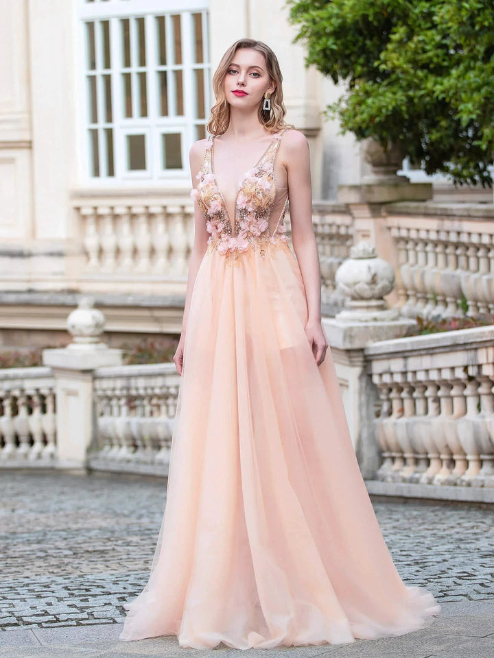 A-line Luxurious Fashion Sexy V-neck Formal Evening Dresses Sleeveless Floor Length Prom Dresses by dressblee