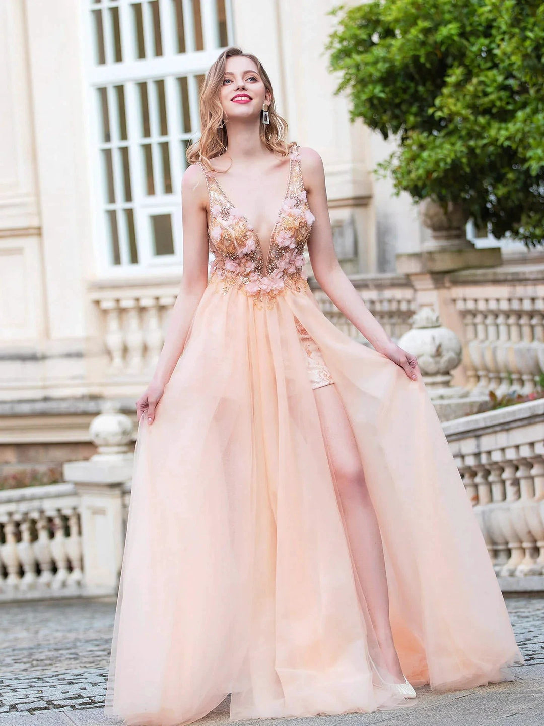 A-line Luxurious Fashion Sexy V-neck Formal Evening Dresses Sleeveless Floor Length Prom Dresses by dressblee