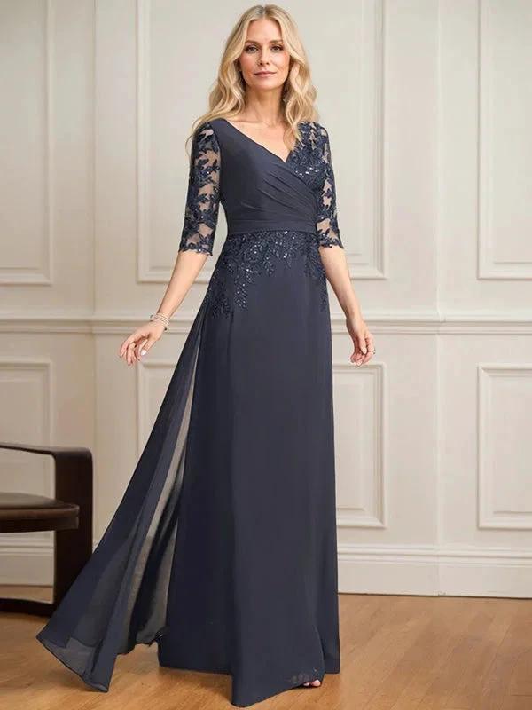 A-line V-Neck Floor-Length Lace Chiffon Mother of the Bride Dress With Pleated Sequins by Dreamylily
