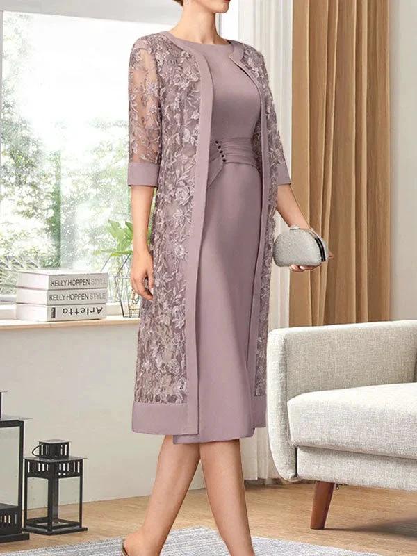 Sheath/Column Scoop Knee-Length Chiffon Mother of the Bride Dress With Pleated Sequins by Dreamylily
