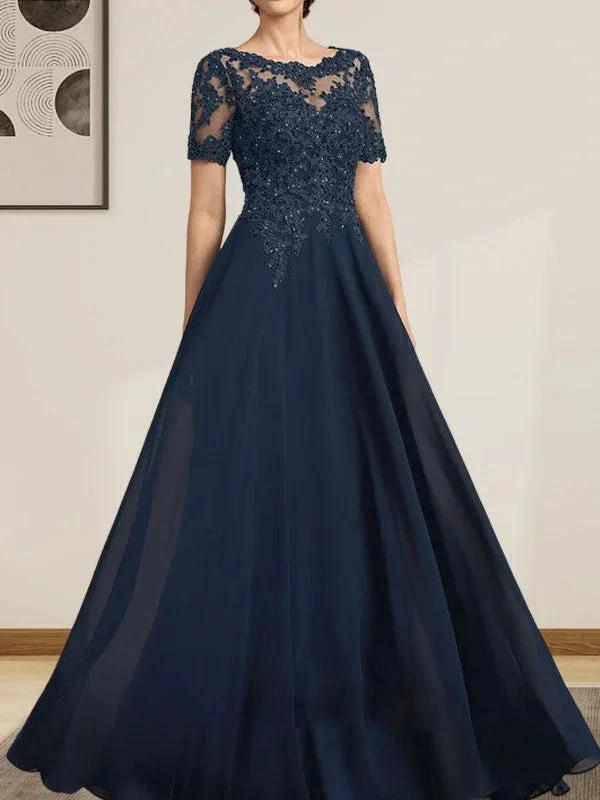 A-line Scoop Illusion Floor-Length Chiffon Lace Mother of the Bride Dress With Sequins Beading by Dreamylily