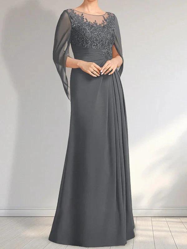 A-line Scoop Illusion Floor-Length Lace Chiffon Mother of the Bride Dress With Pleated Sequins by Dreamylily