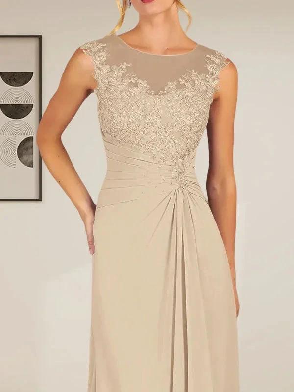 Champagne A-Line Scoop Lace Chiffon Dress by Dreamylily