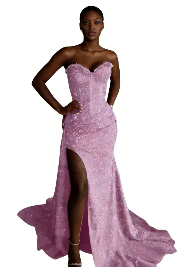 Lavender Sequin Strapless Sweetheart Mermaid Prom Dress with High Slit &amp; Train by tangjianjun