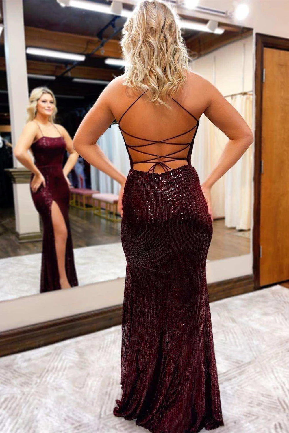 Burgundy Sequin Lace-Up Back Long Prom Dress with Slit by KissProm