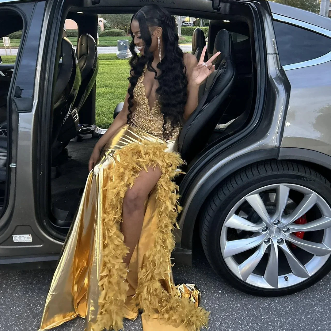 Luxurious Satin Beaded Feathers Evening Gown Long Slit Prom Dress Y7948 by simplepromdress